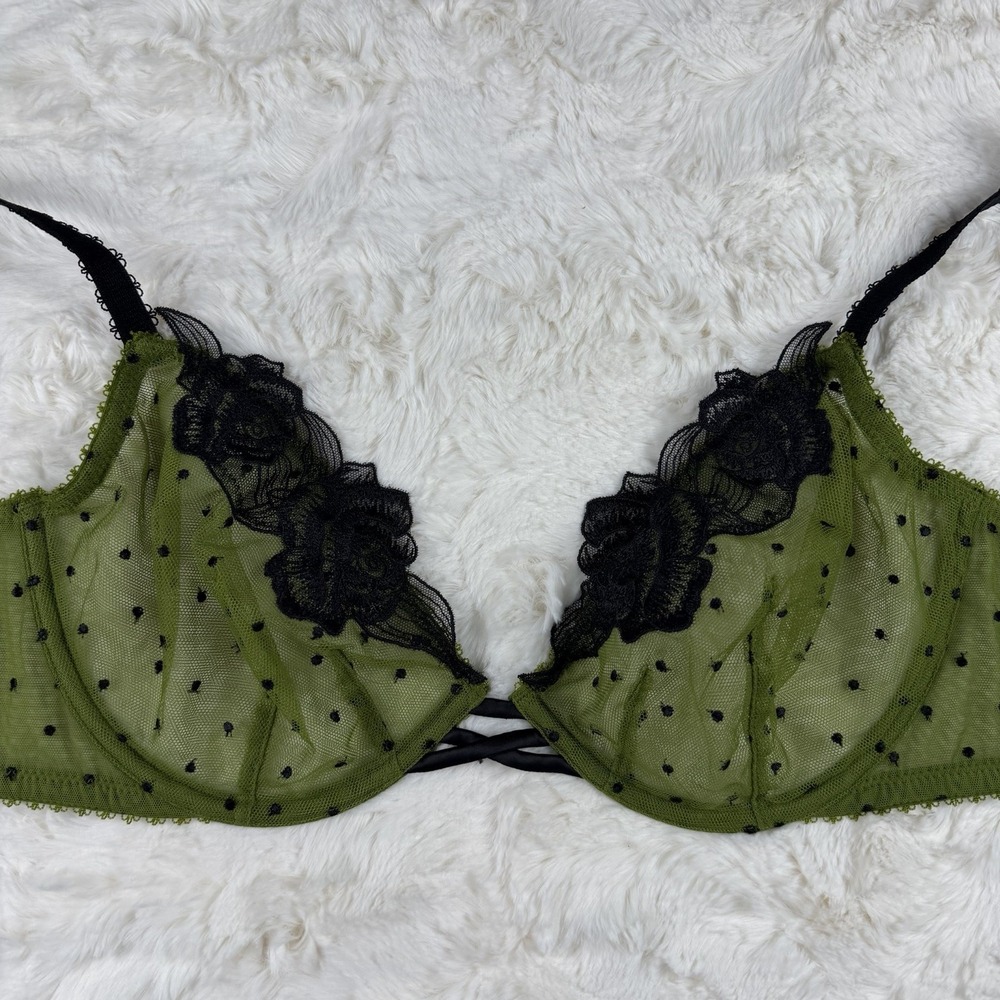 Victoria's Secret Tease Unlined Demi Bra Green Black Polka Dot Mesh Lace 32DD